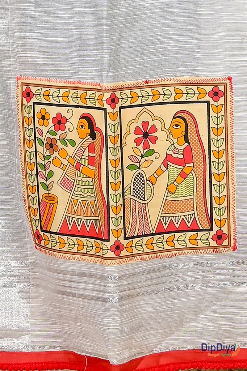 White Cotton Blended Parija Applique Saree (321)